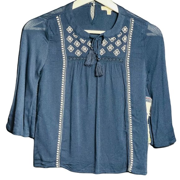 Chelsea & Violet Girls Navy Blue Woven Embroidered Peasant Top Size Medium NWT - Picture 1 of 8